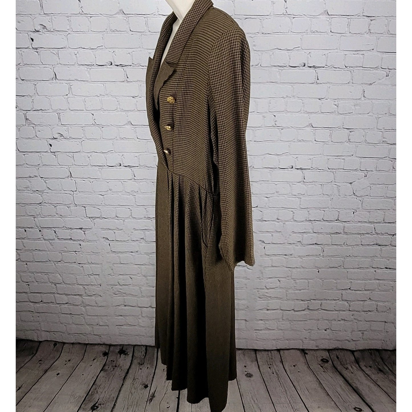 VTG Horchow Black Tan Houndstooth Long Sleeve Pleated Peak Lapel Jacket Dress 12