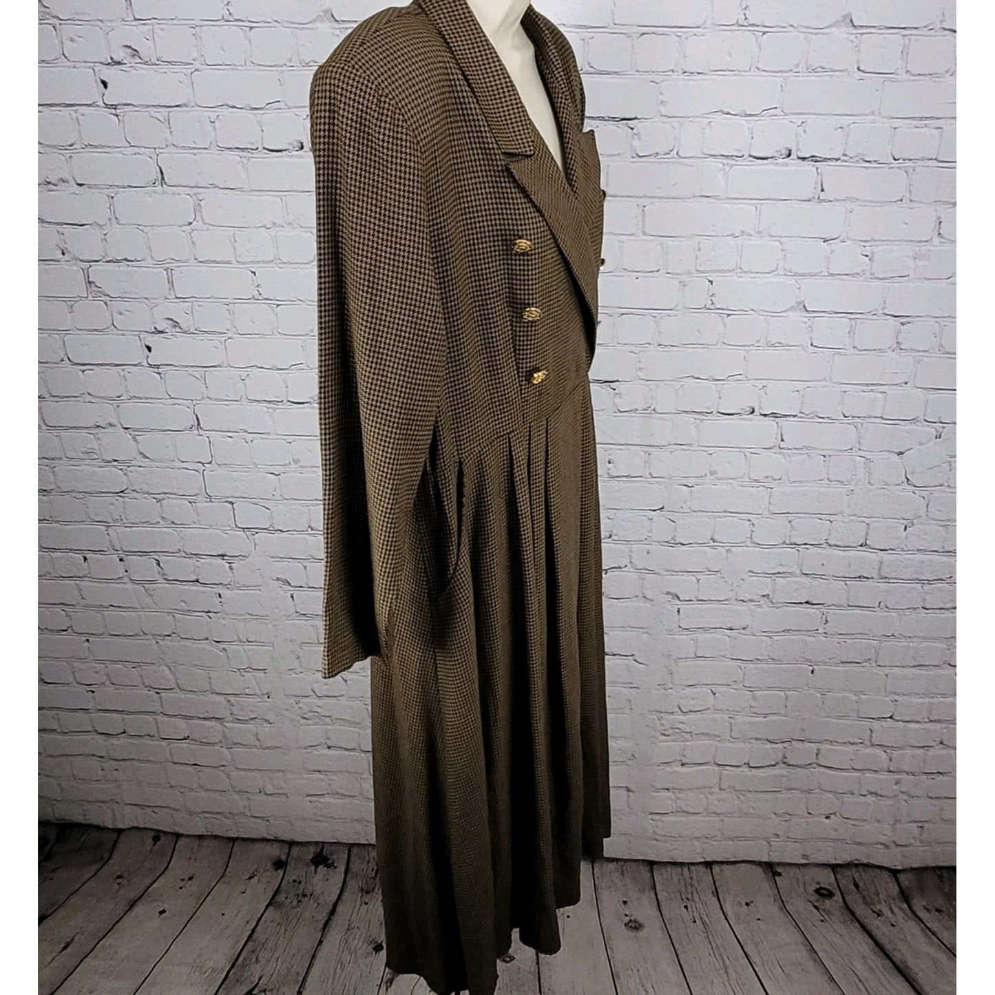 VTG Horchow Black Tan Houndstooth Long Sleeve Pleated Peak Lapel Jacket Dress 12