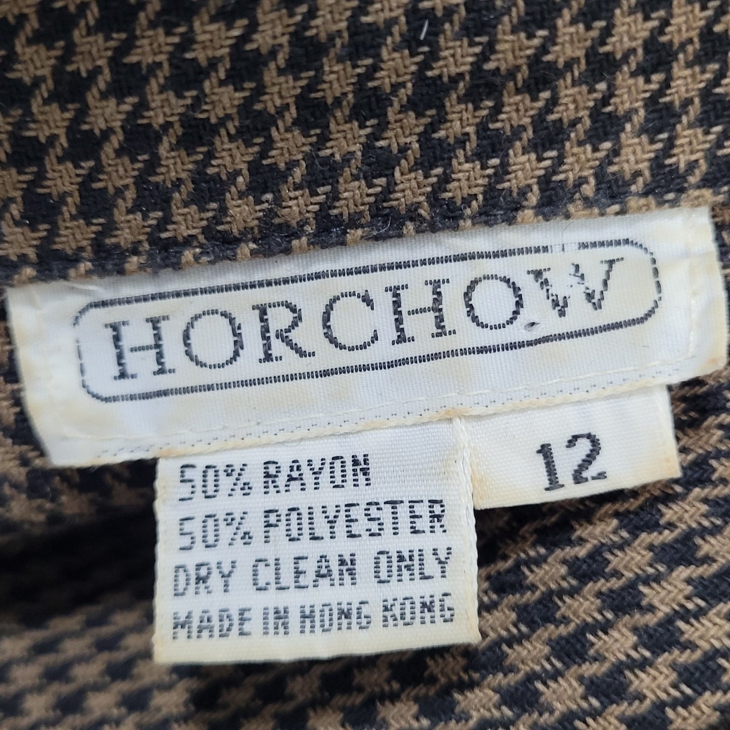 VTG Horchow Black Tan Houndstooth Long Sleeve Pleated Peak Lapel Jacket Dress 12