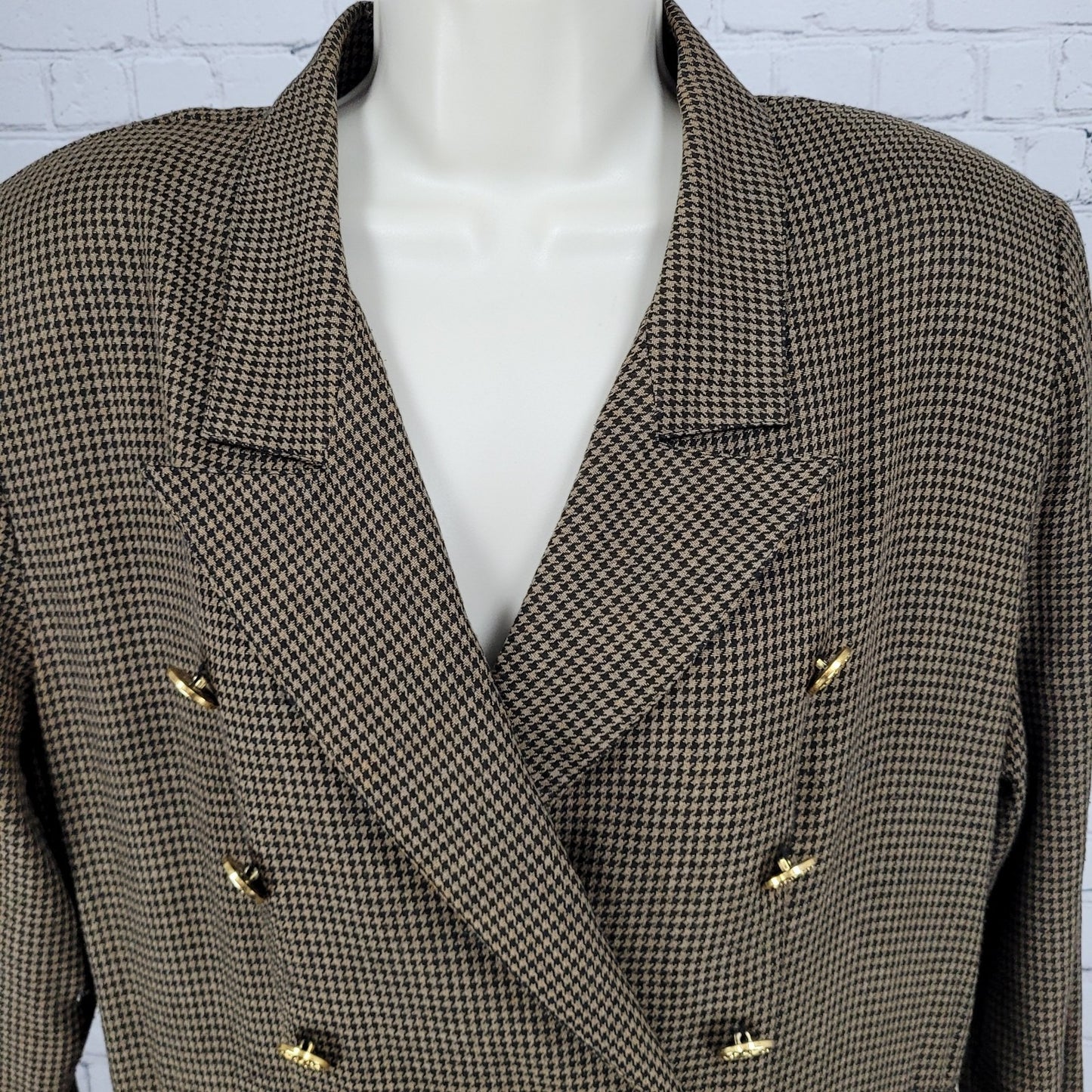 VTG Horchow Black Tan Houndstooth Long Sleeve Pleated Peak Lapel Jacket Dress 12