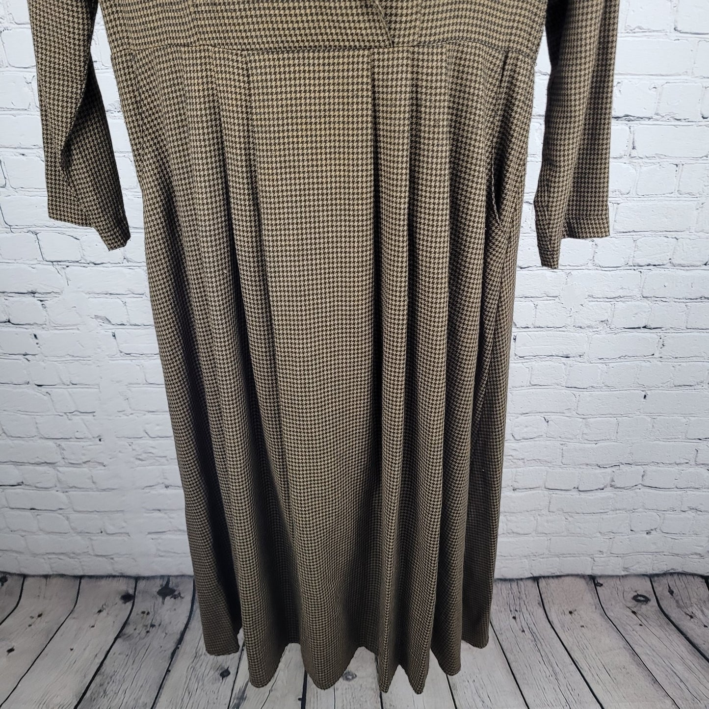 VTG Horchow Black Tan Houndstooth Long Sleeve Pleated Peak Lapel Jacket Dress 12