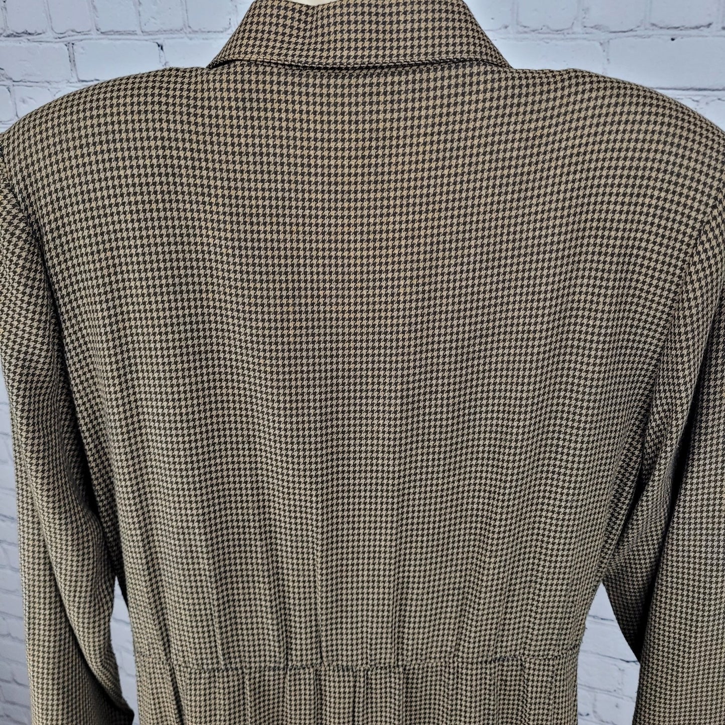VTG Horchow Black Tan Houndstooth Long Sleeve Pleated Peak Lapel Jacket Dress 12