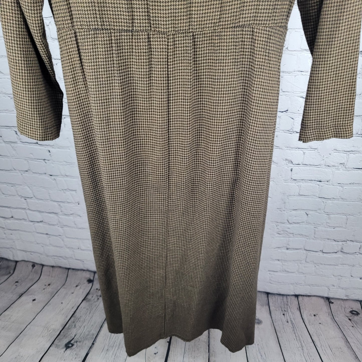 VTG Horchow Black Tan Houndstooth Long Sleeve Pleated Peak Lapel Jacket Dress 12
