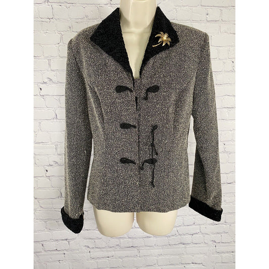 Danny Nicole Black White Speckled Velvety Trim Blazer Jacket Gold Brooch Size 6