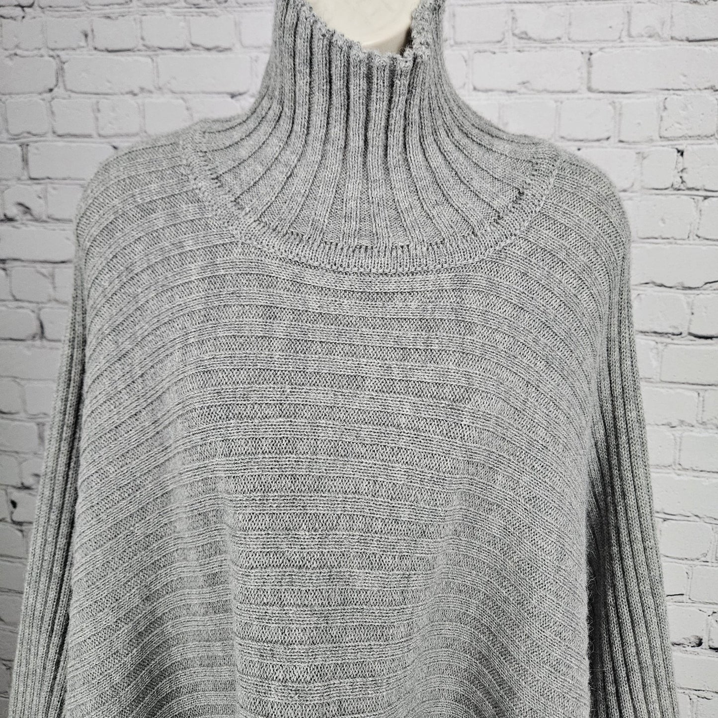Gaeltarra Grey Alpaca Wool Ribbed Knit Oversized Turtleneck Poncho Sweater F