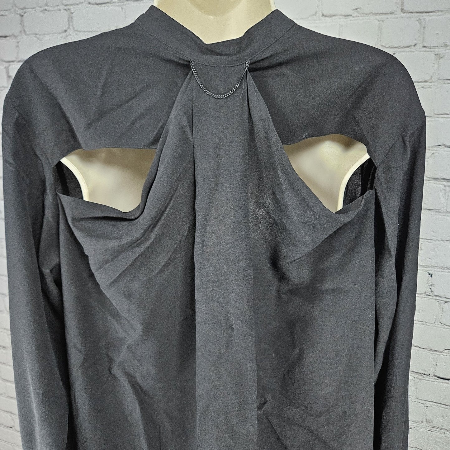 Rag & Bone Black 100% Silk Sheer Backless Long Sleeve Bows High Low Top Blouse M