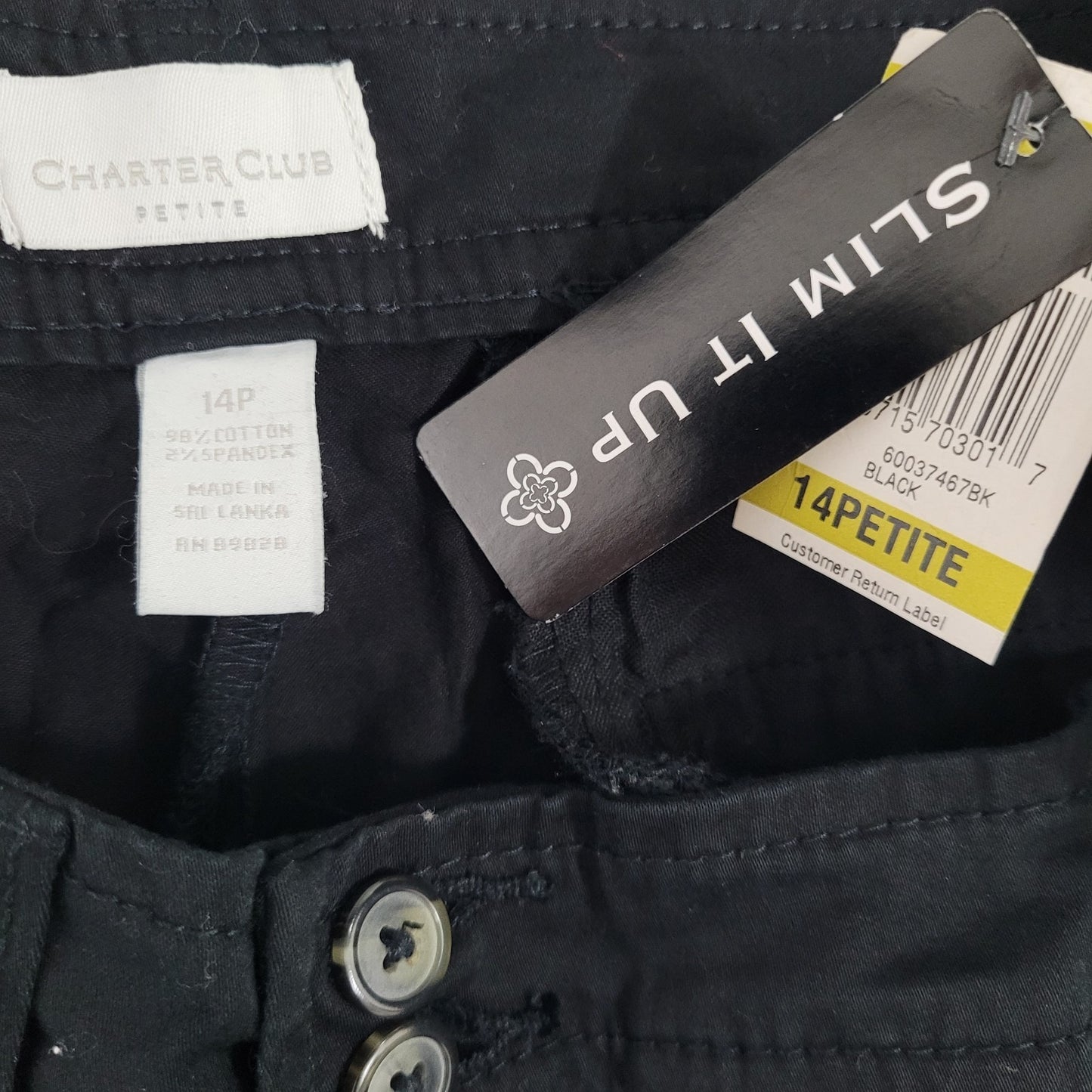 NWT Charter Club Black Cotton Stretch Slimming Mid Rise Pants Size 14P (32x29.5)