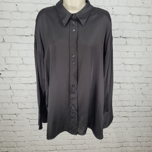 NWT Zara Black Silky Satin Button Up Long Sleeve Collared Dress Shirt Size XL