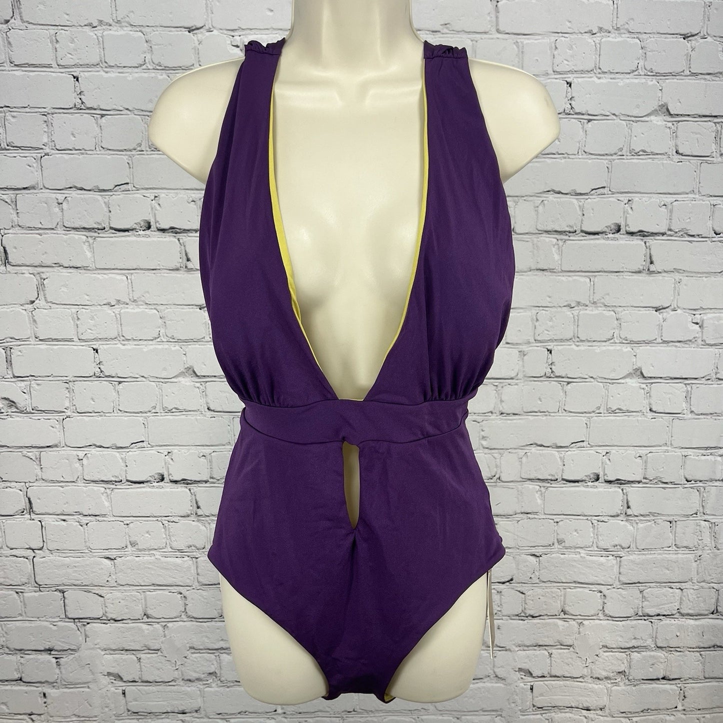 NWT A. Che Purple Gold One Piece Halter Deep V-Neck Backless Swimsuit Large L