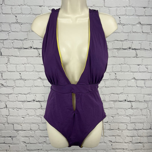 NWT A. Che Purple Gold One Piece Halter Deep V-Neck Backless Swimsuit Large L