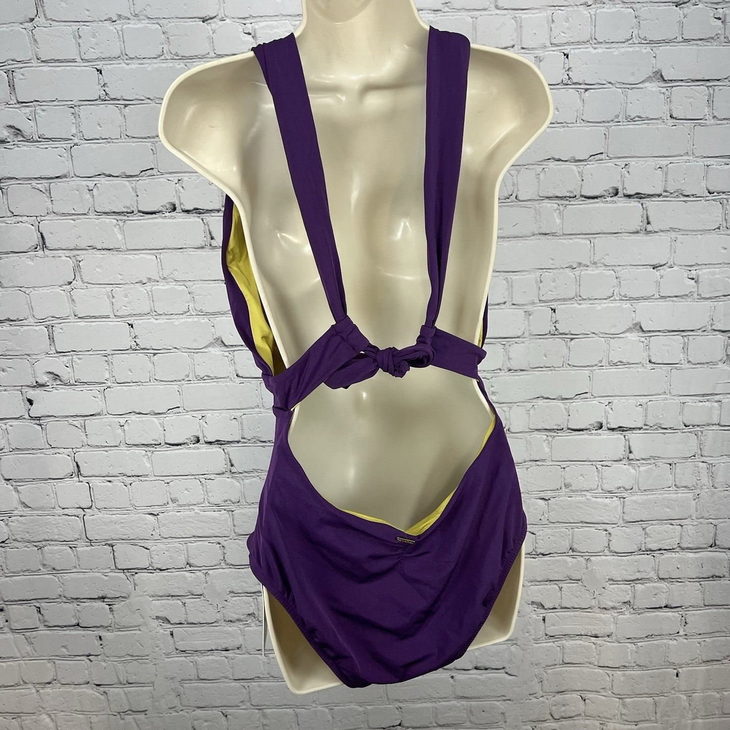 NWT A. Che Purple Gold One Piece Halter Deep V-Neck Backless Swimsuit Large L