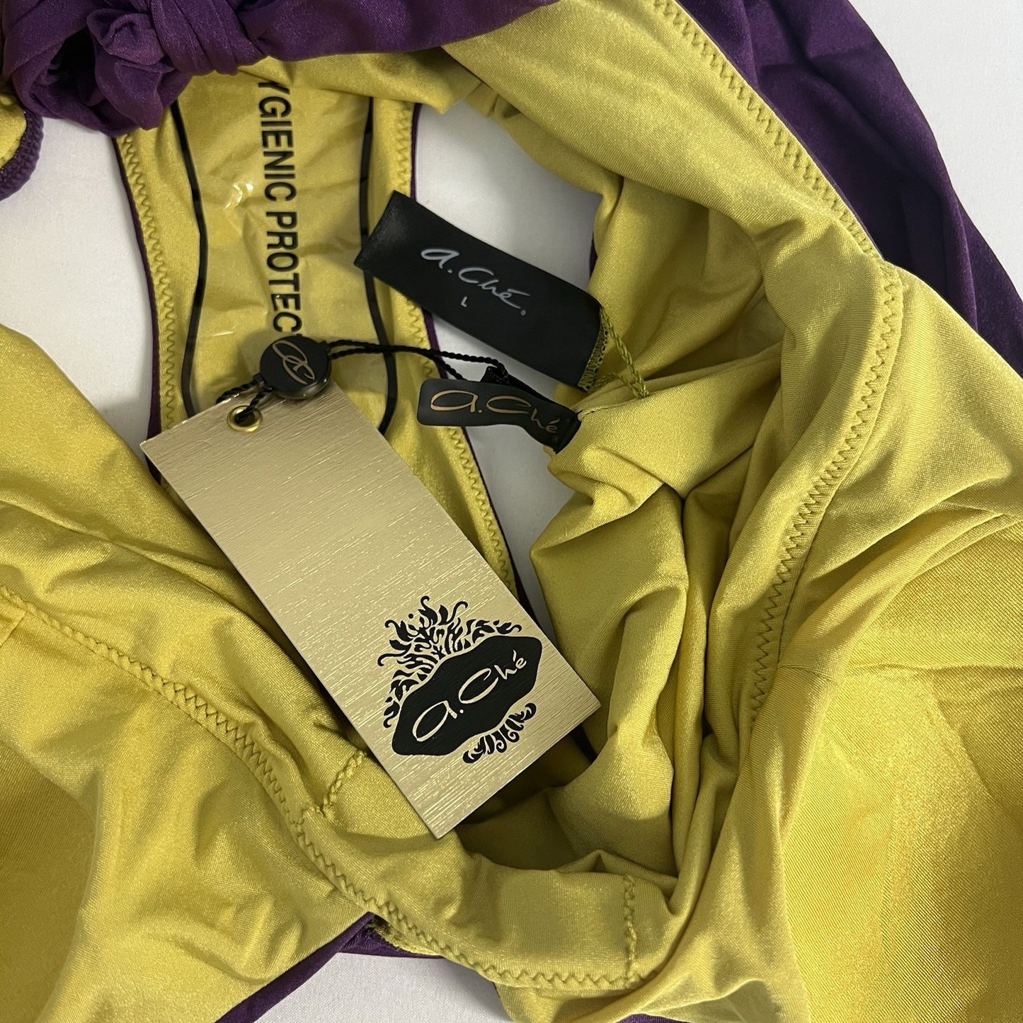 NWT A. Che Purple Gold One Piece Halter Deep V-Neck Backless Swimsuit Large L