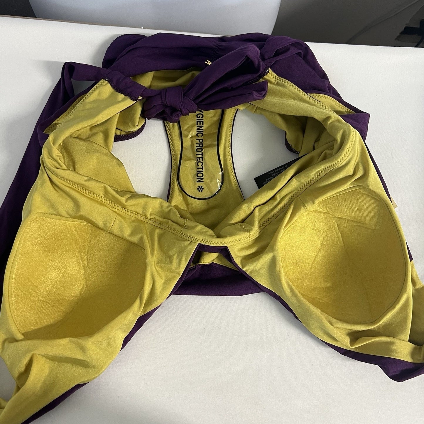 NWT A. Che Purple Gold One Piece Halter Deep V-Neck Backless Swimsuit Large L