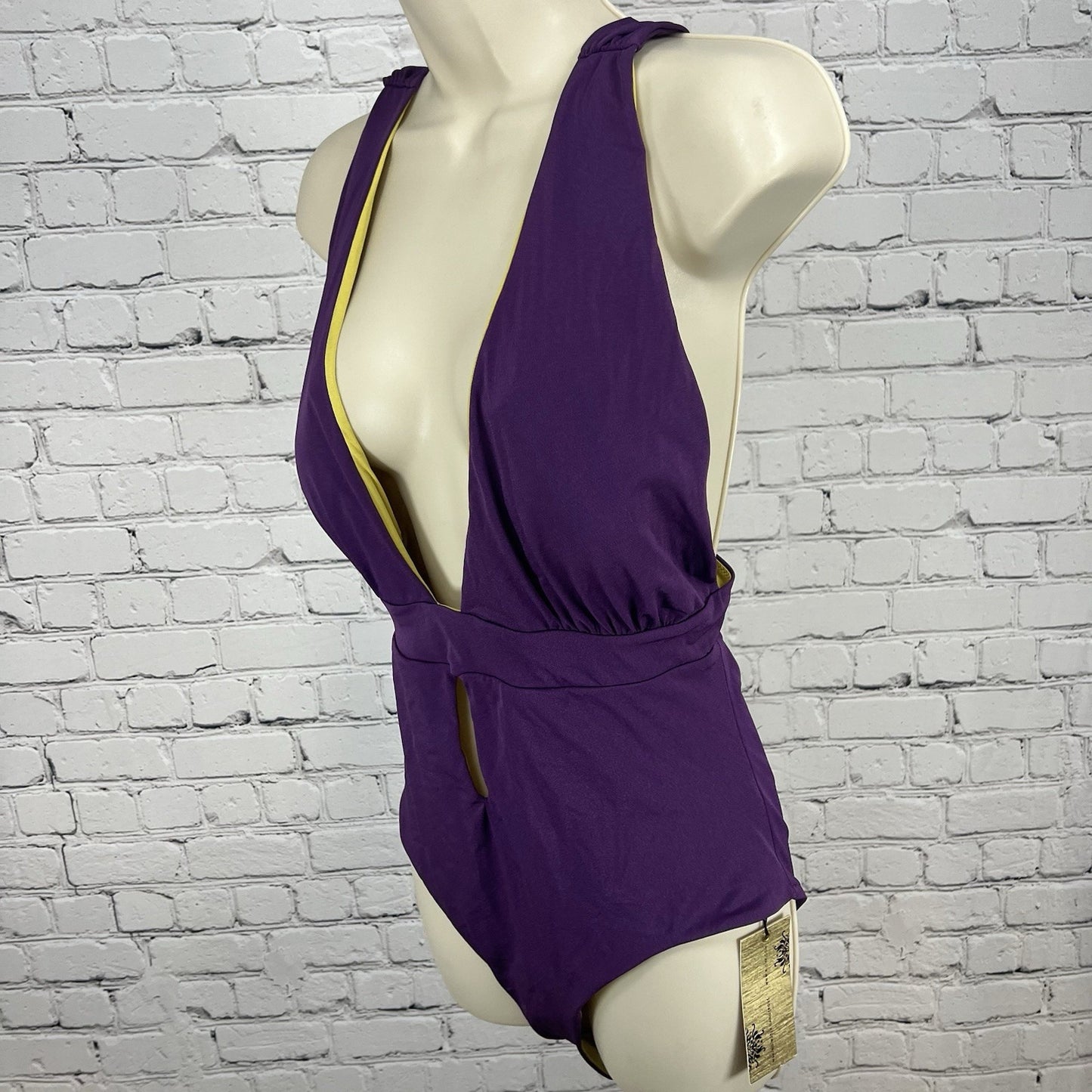 NWT A. Che Purple Gold One Piece Halter Deep V-Neck Backless Swimsuit Large L