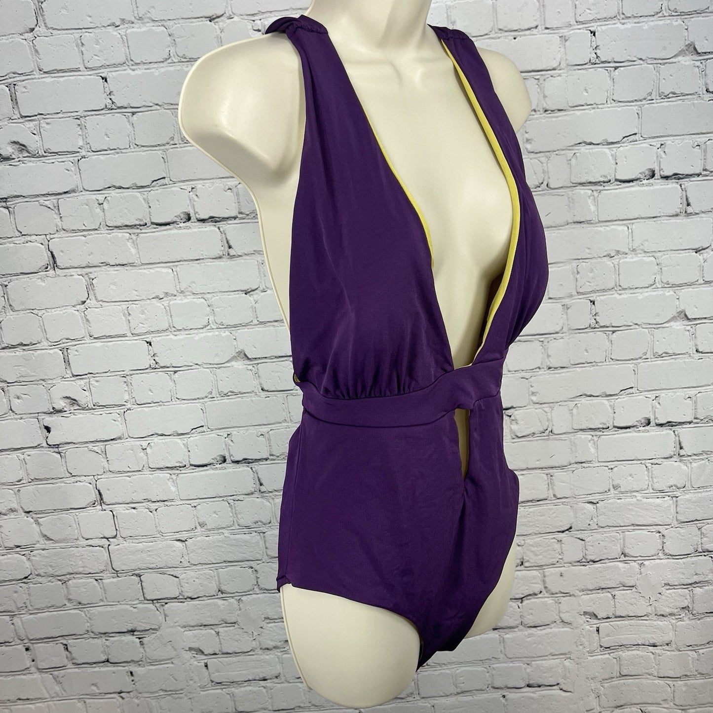 NWT A. Che Purple Gold One Piece Halter Deep V-Neck Backless Swimsuit Large L