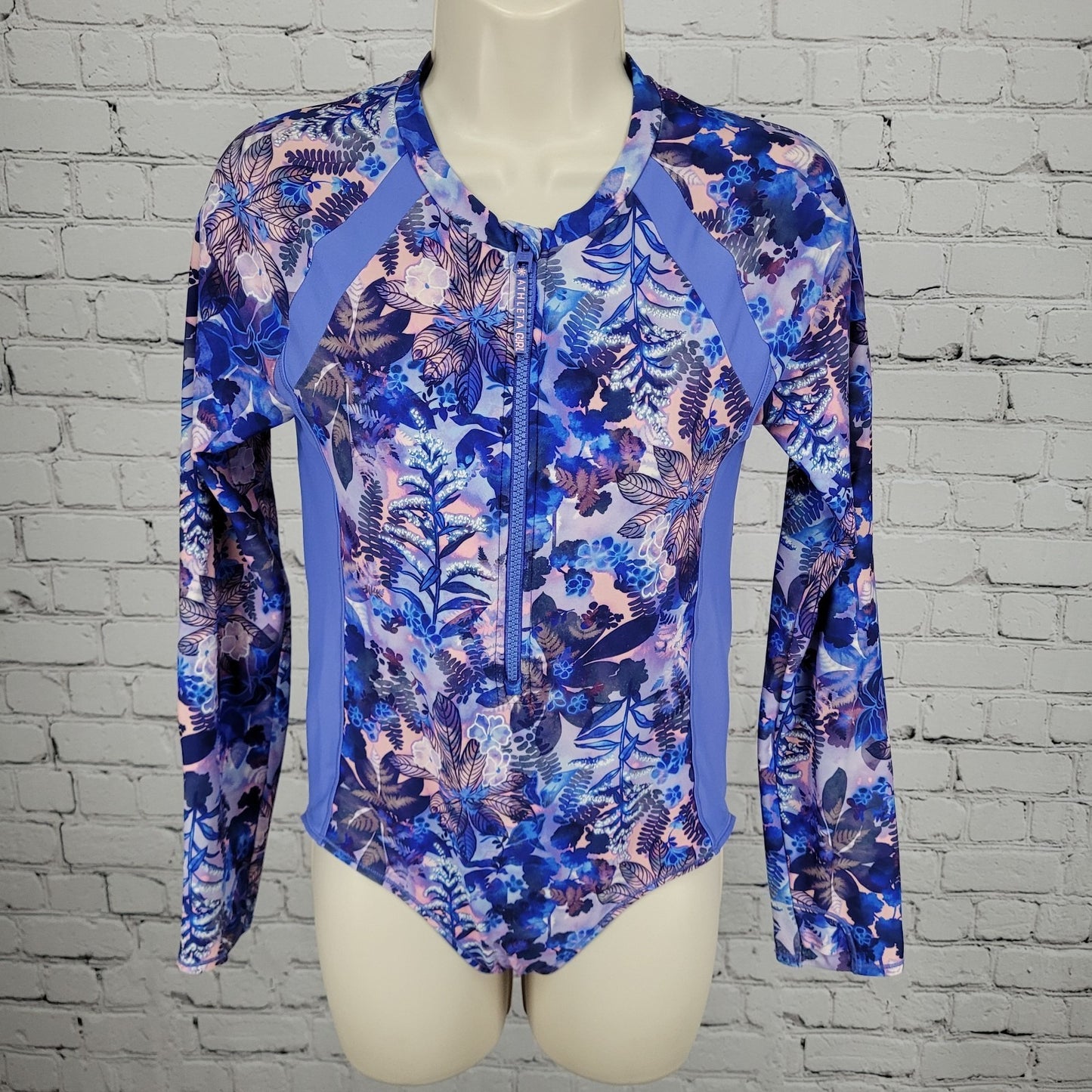 Athleta Girl Blue Purple Floral Long Sleeve One Piece Front Zip Swimsuit XXL/16