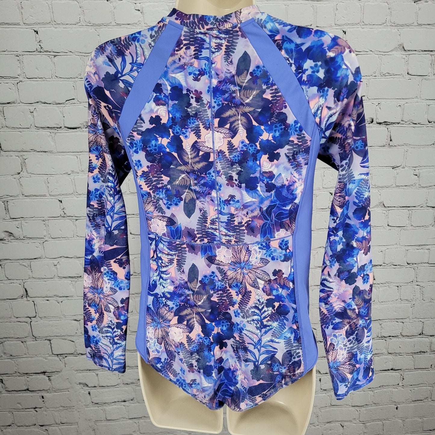 Athleta Girl Blue Purple Floral Long Sleeve One Piece Front Zip Swimsuit XXL/16