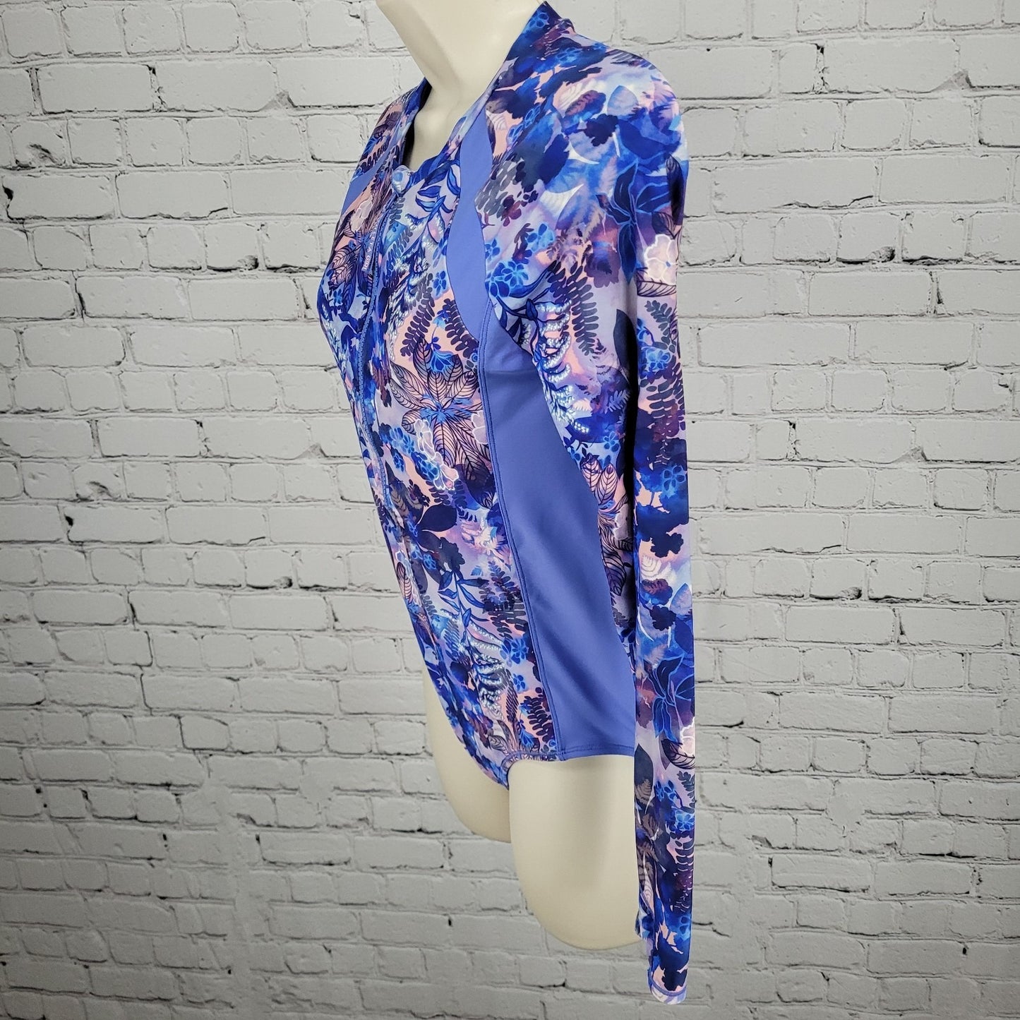Athleta Girl Blue Purple Floral Long Sleeve One Piece Front Zip Swimsuit XXL/16