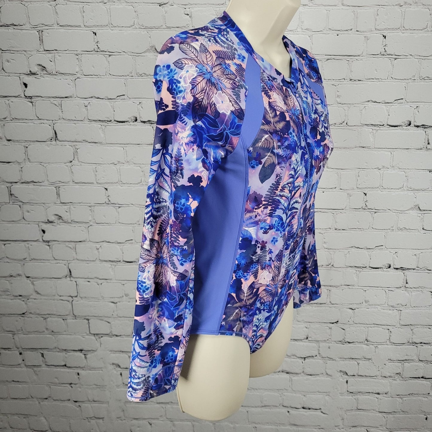 Athleta Girl Blue Purple Floral Long Sleeve One Piece Front Zip Swimsuit XXL/16