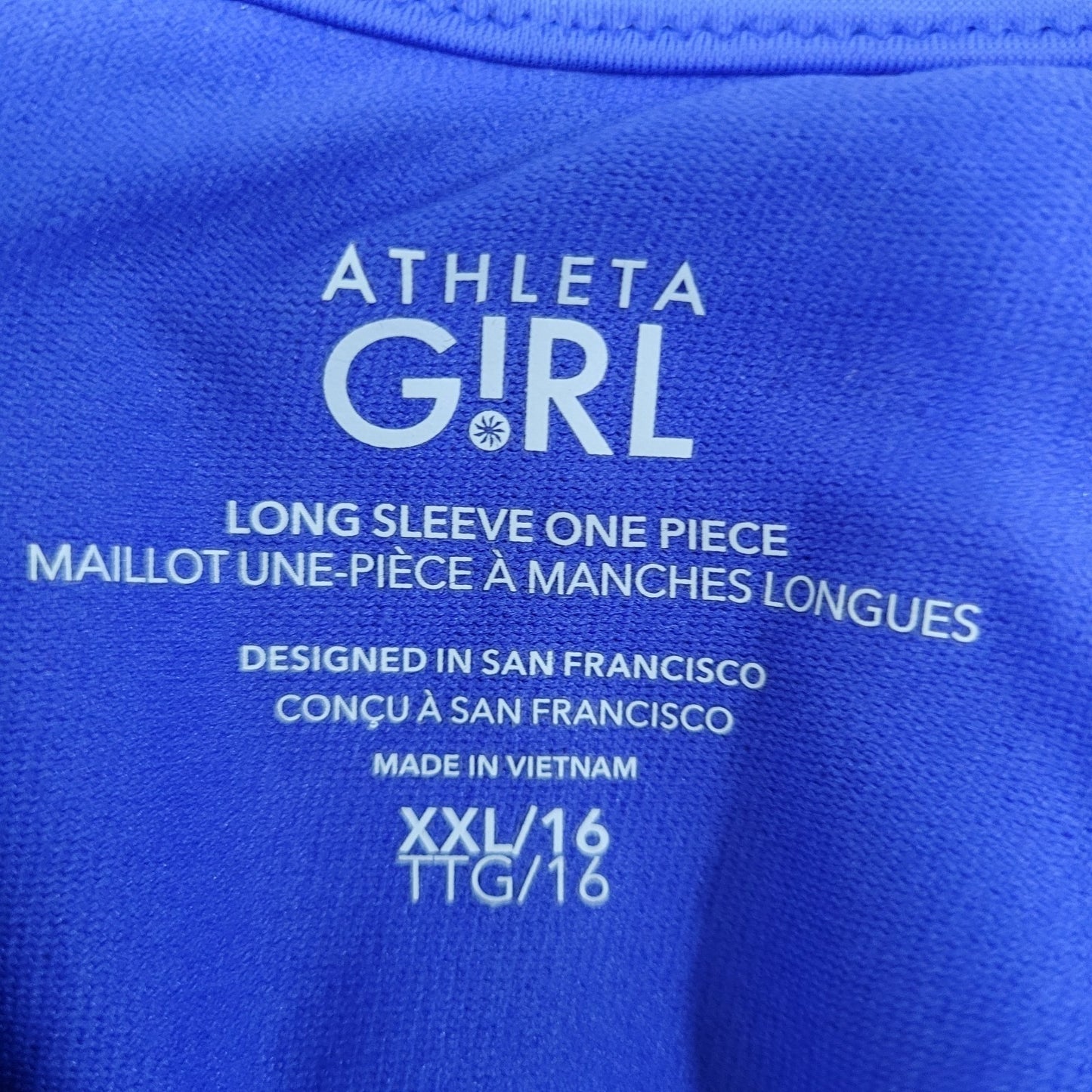 Athleta Girl Blue Purple Floral Long Sleeve One Piece Front Zip Swimsuit XXL/16