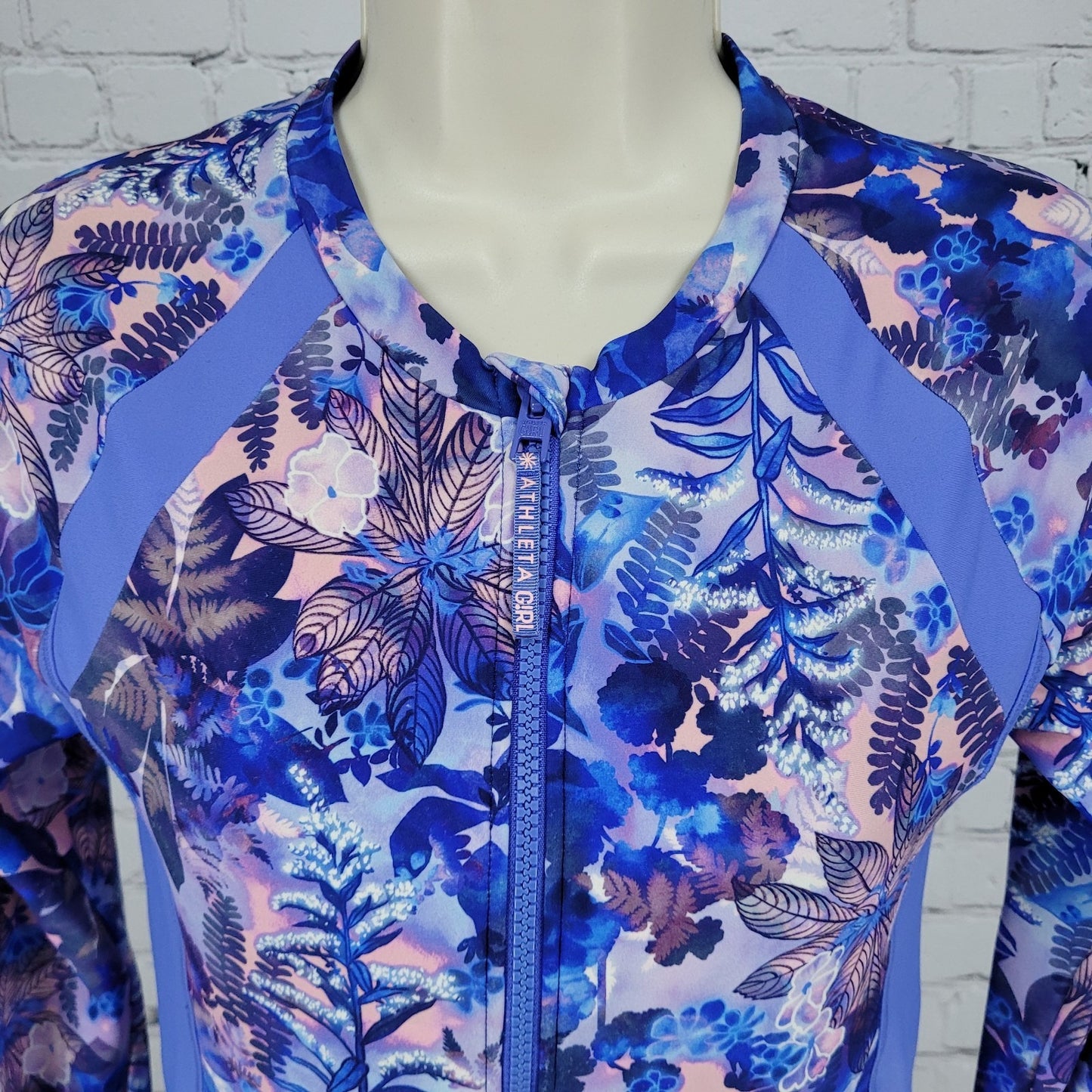 Athleta Girl Blue Purple Floral Long Sleeve One Piece Front Zip Swimsuit XXL/16
