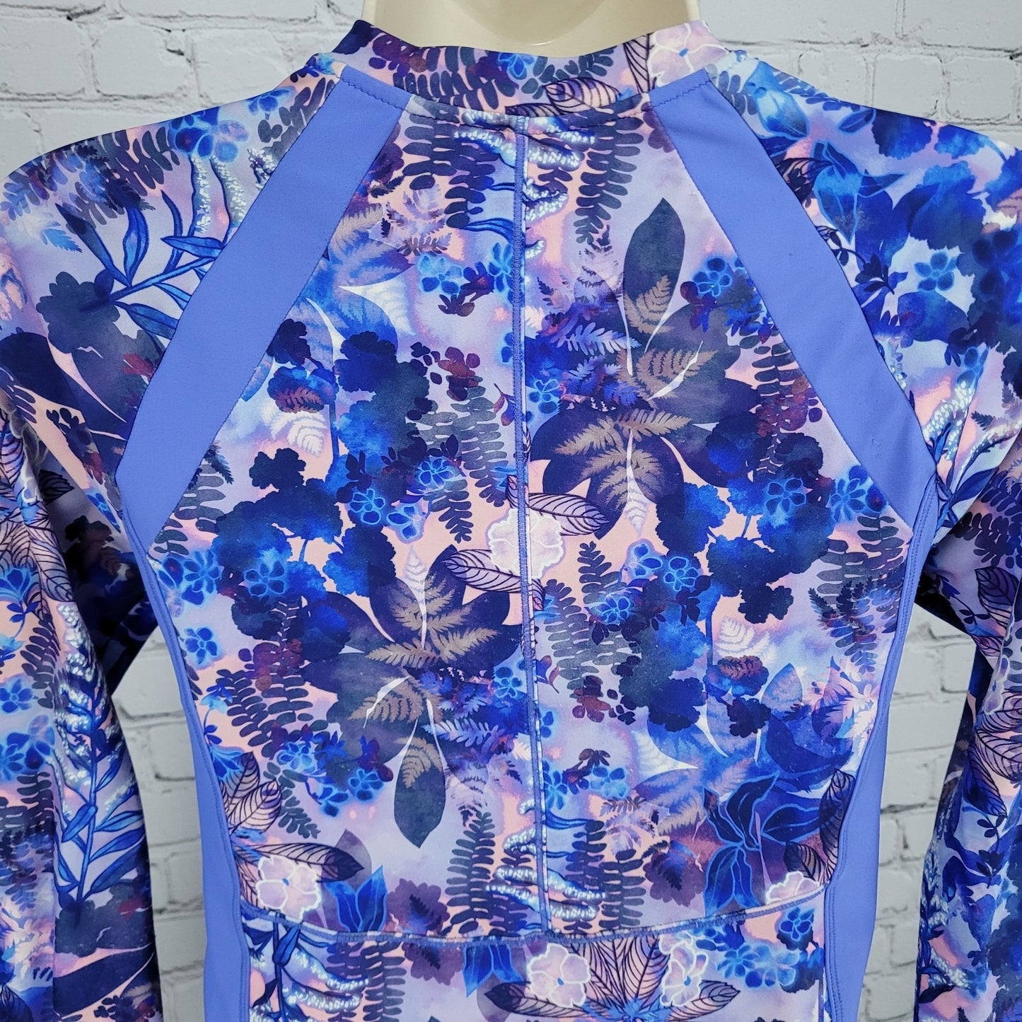 Athleta Girl Blue Purple Floral Long Sleeve One Piece Front Zip Swimsuit XXL/16