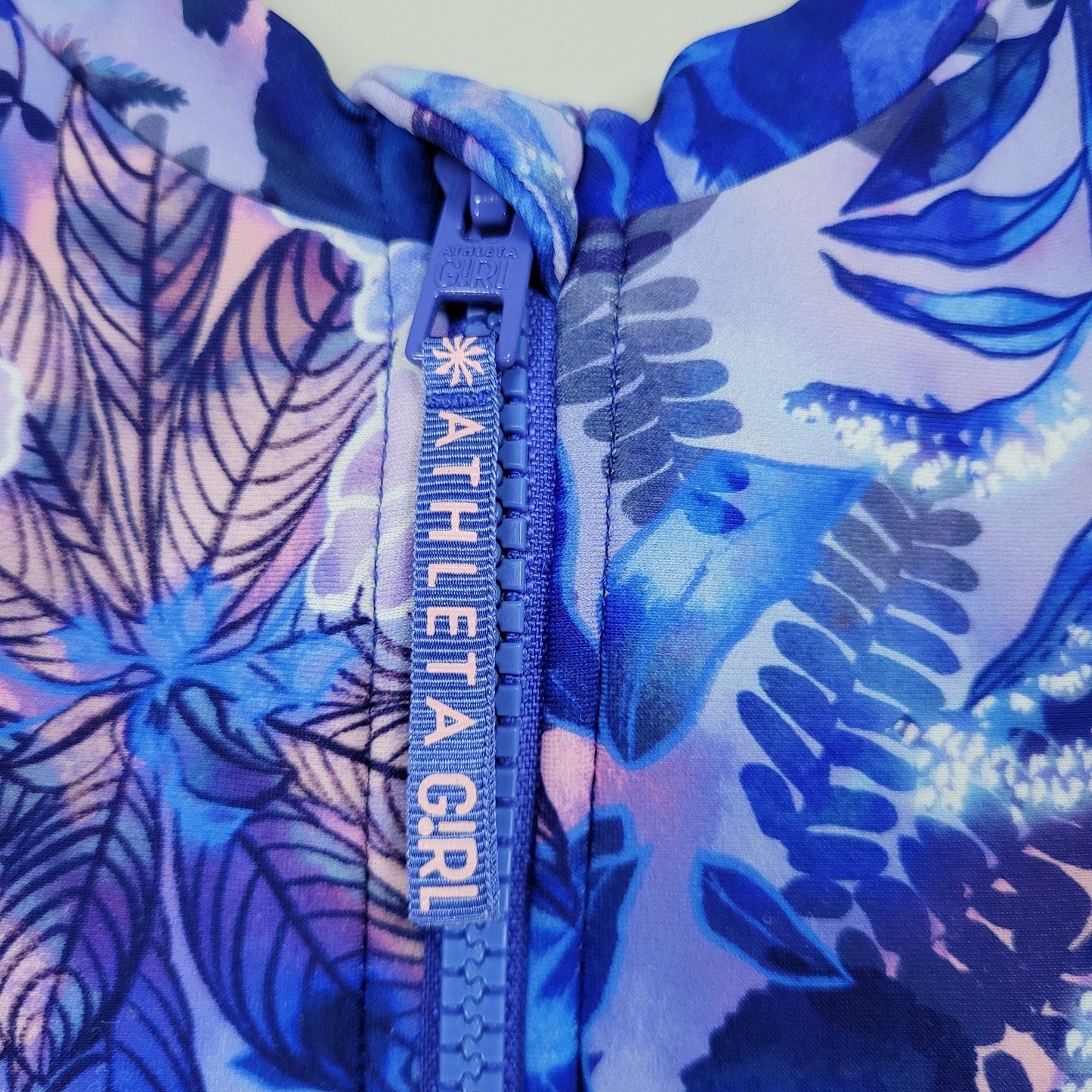 Athleta Girl Blue Purple Floral Long Sleeve One Piece Front Zip Swimsuit XXL/16