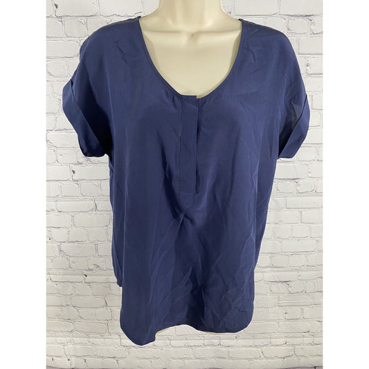 Joie Navy Blue Short Sleeve 100% Silk Fly Front Button Up Henley Blouse XS