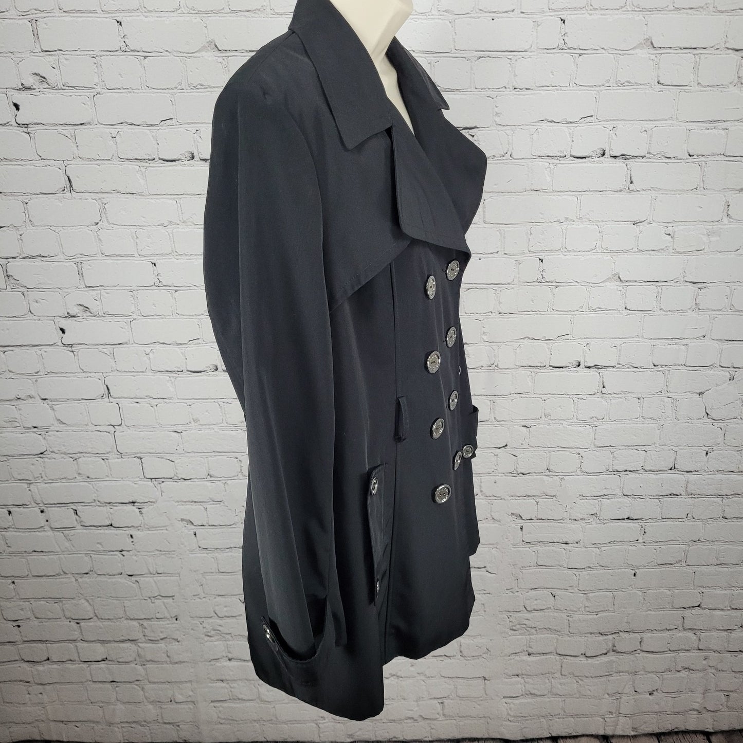 Calvin Klein Black Double Breasted Buttoned Rain Coat Jacket Peacoat Large L