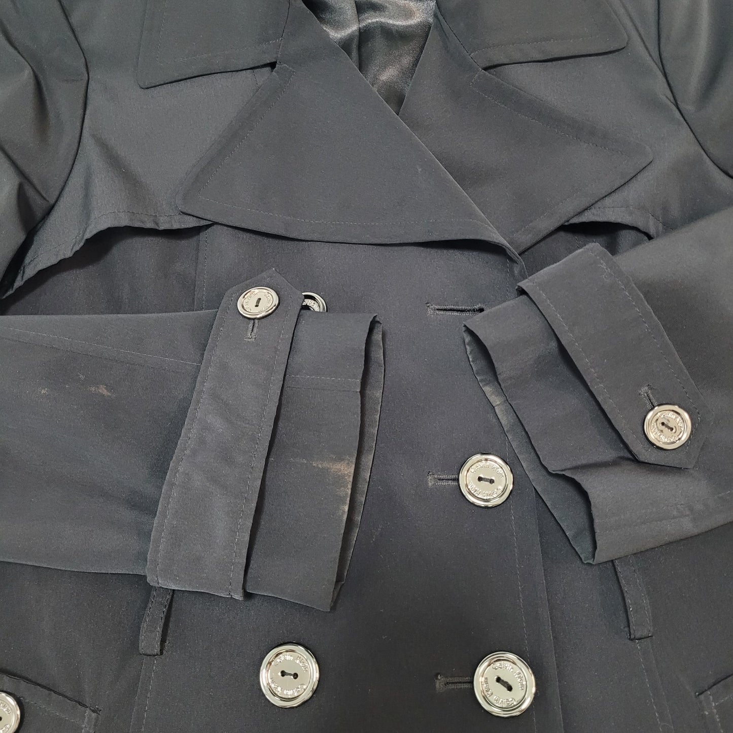 Calvin Klein Black Double Breasted Buttoned Rain Coat Jacket Peacoat Large L