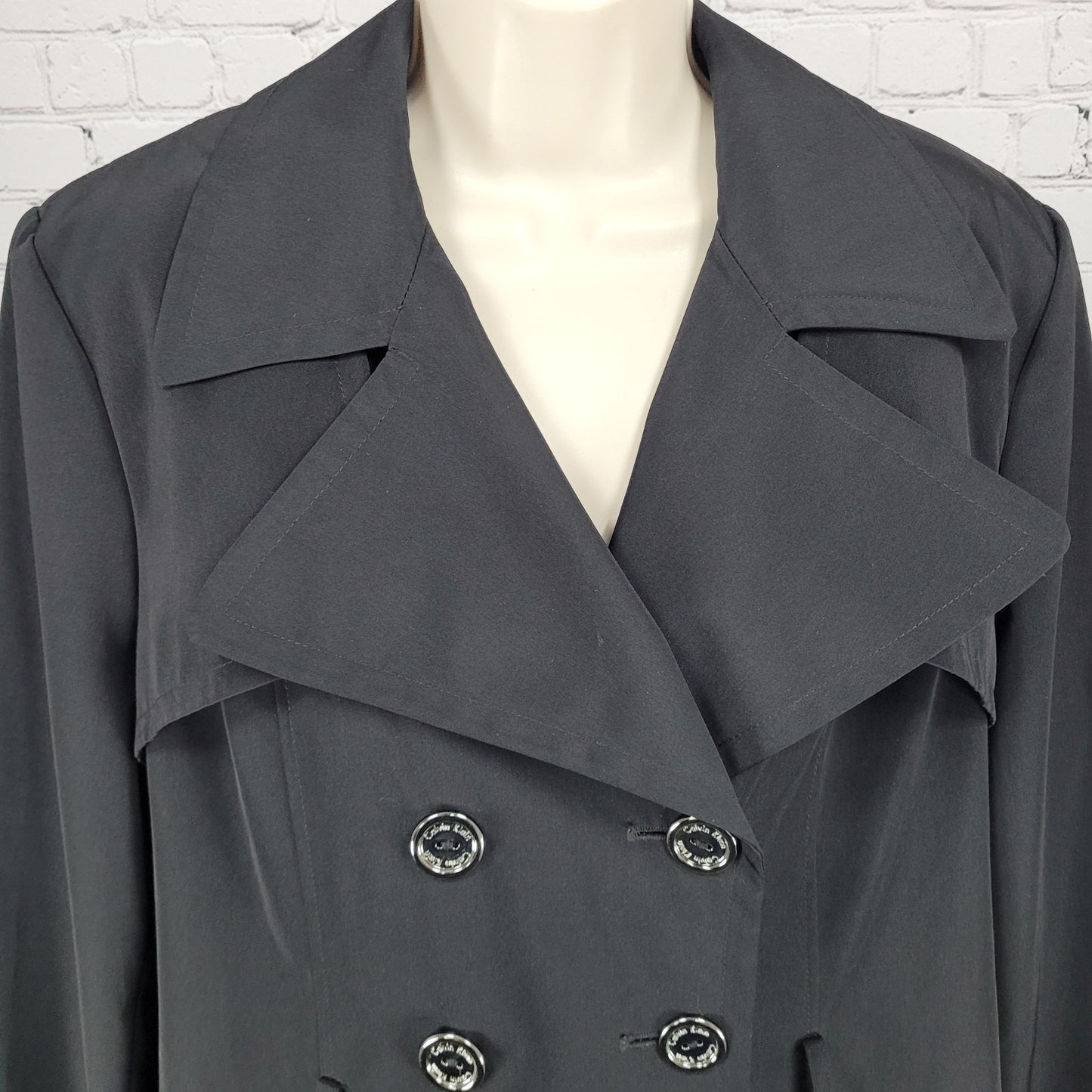 Calvin Klein Black Double Breasted Buttoned Rain Coat Jacket Peacoat Large L