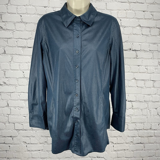 Chico’s Blue Snake Print Button Up Long Sleeve Shirt Collar Pockets Size 1 US 8