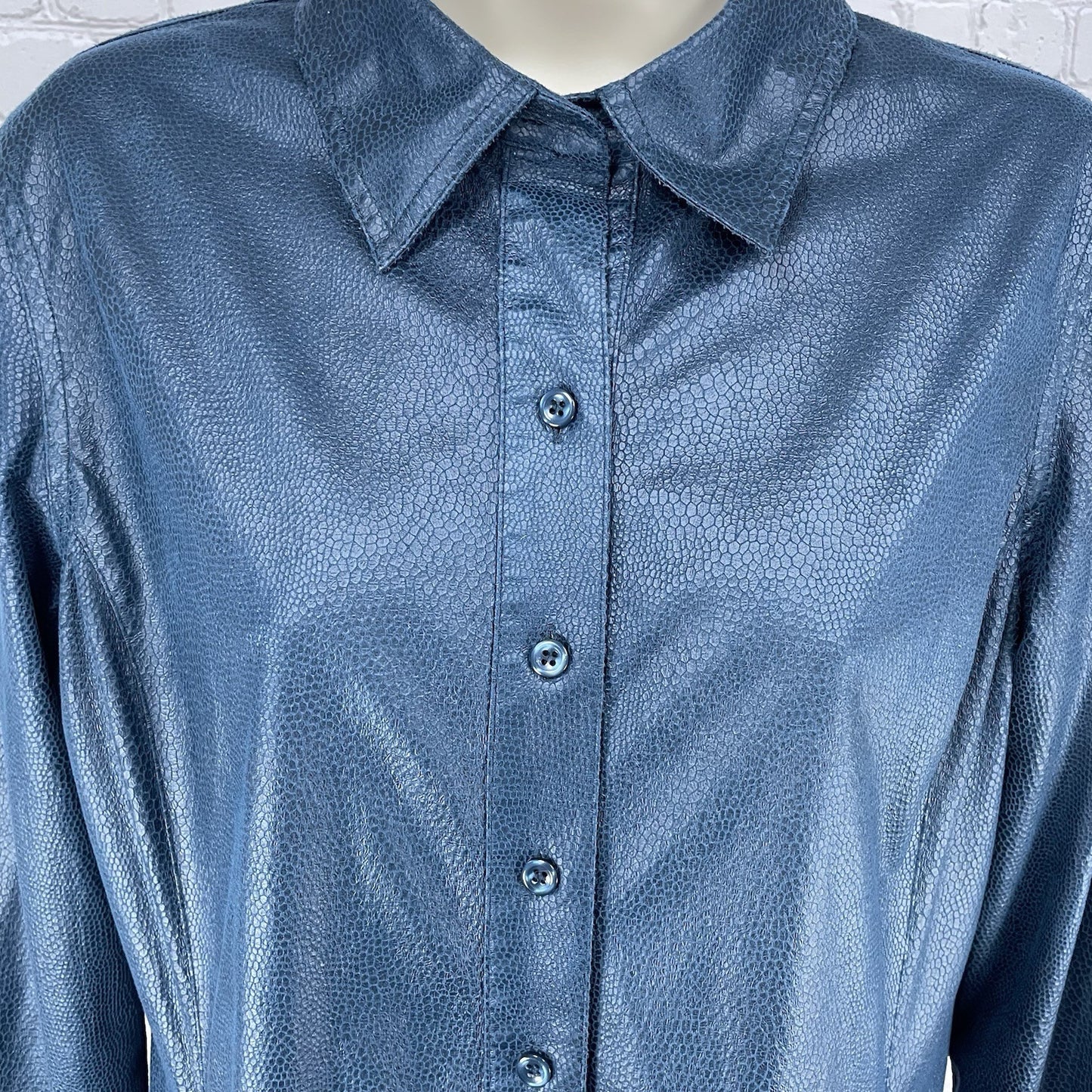 Chico’s Blue Snake Print Button Up Long Sleeve Shirt Collar Pockets Size 1 US 8