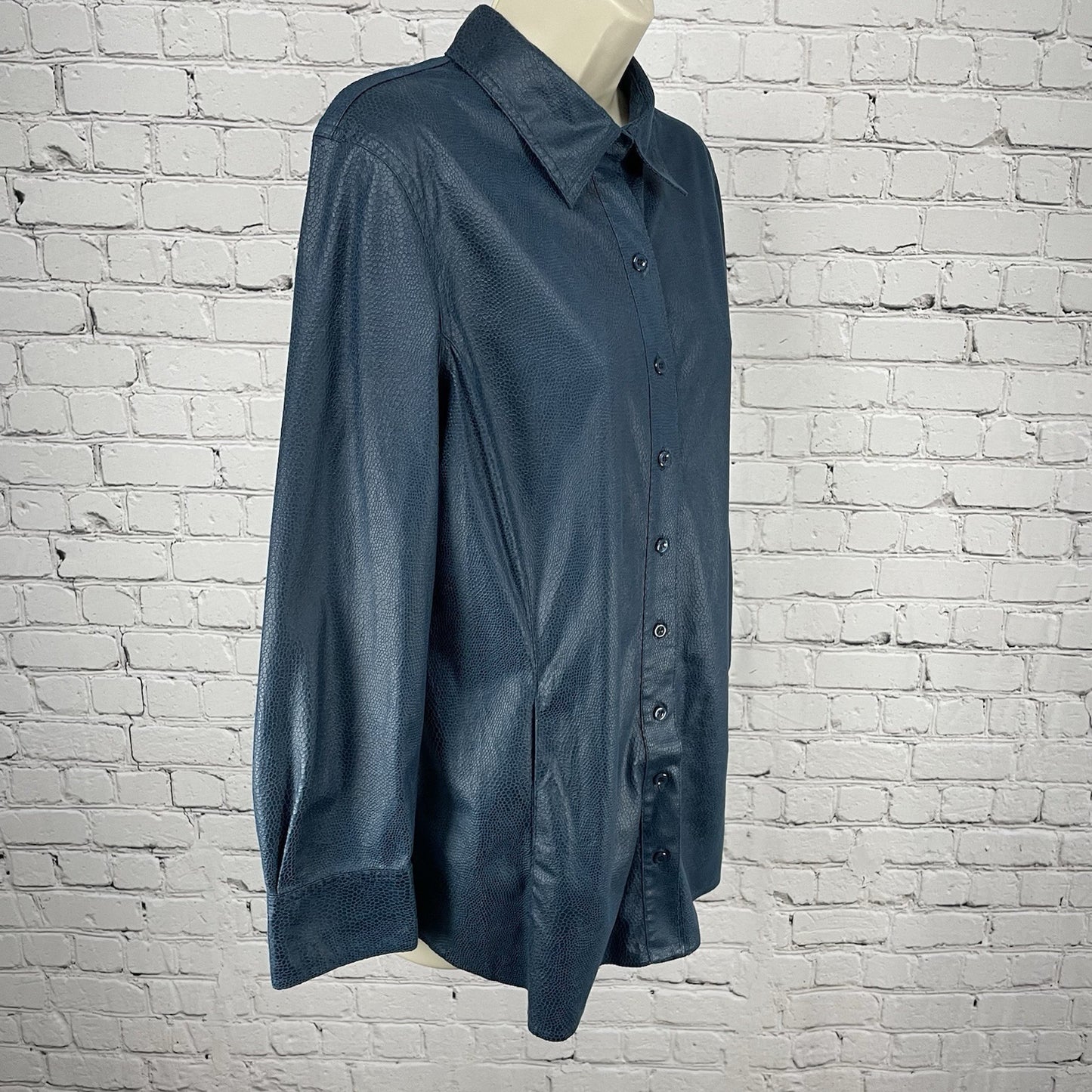Chico’s Blue Snake Print Button Up Long Sleeve Shirt Collar Pockets Size 1 US 8