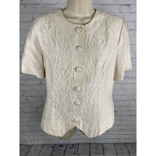VTG Leslie Fay Petite Ivory Floral Lace Button Up Short Sleeve Blouse 14P