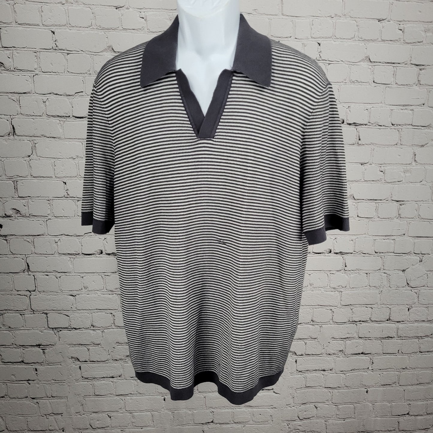 Rag & Bone Grey White Harvey Striped Cotton-Blend Johnny Polo Shirt Large L