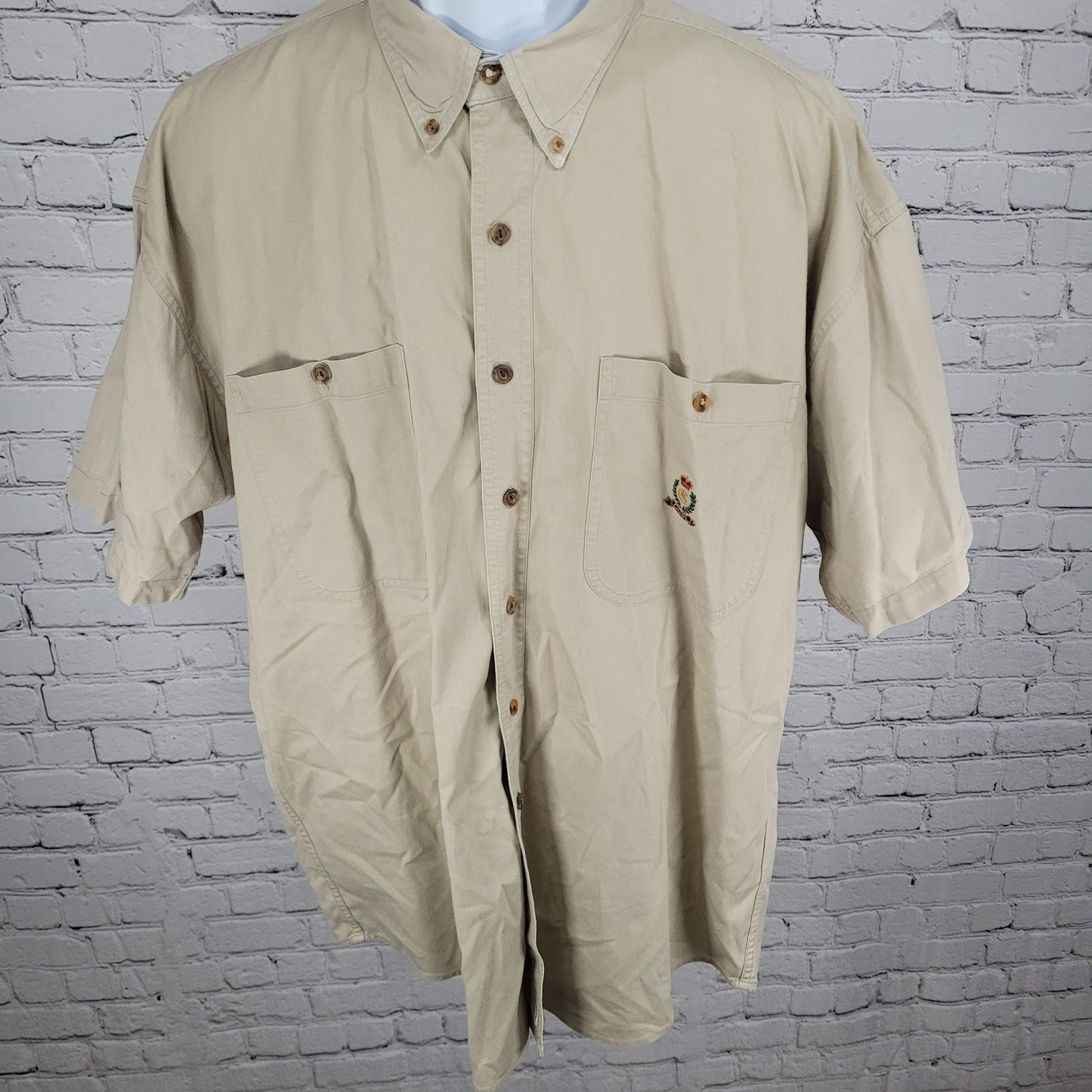 VTG Chaps Ralph Lauren Beige Button Down Collar Short Sleeve Shirt Size Large L