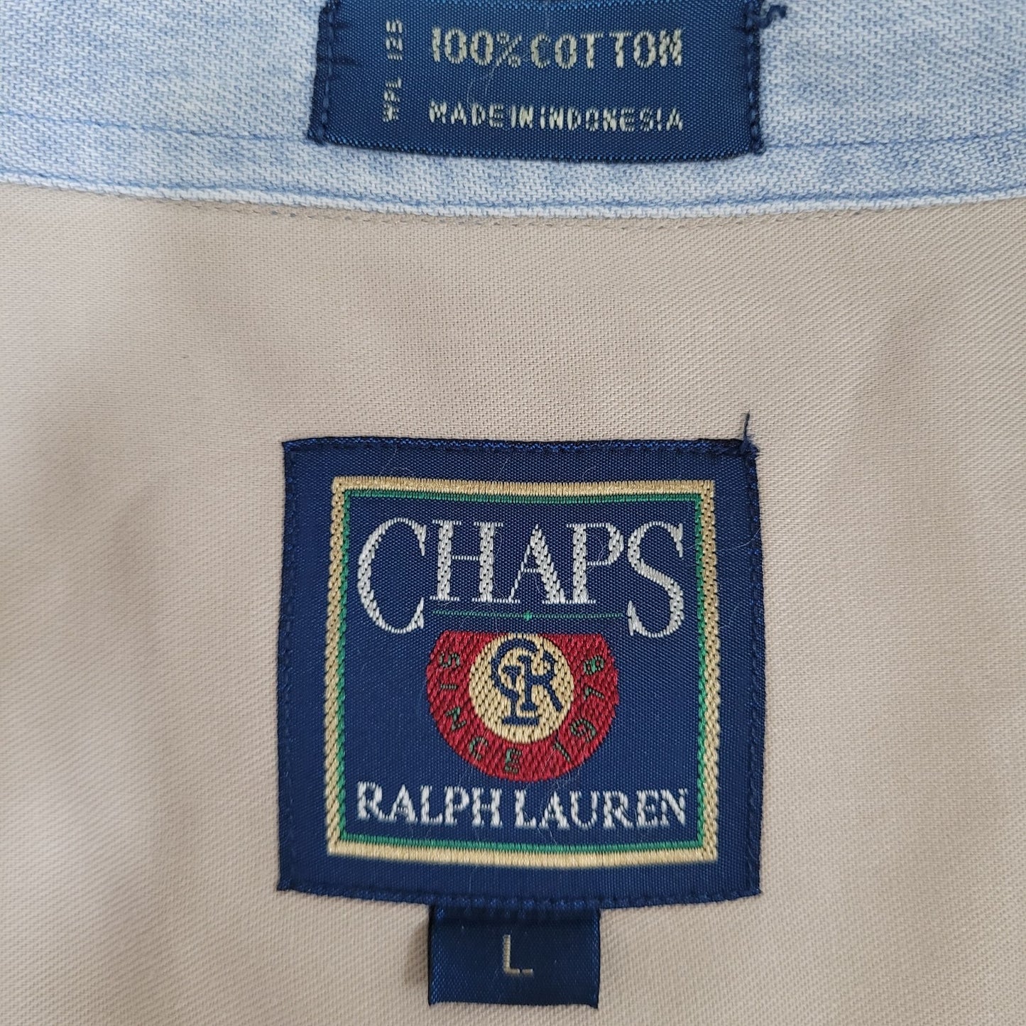 VTG Chaps Ralph Lauren Beige Button Down Collar Short Sleeve Shirt Size Large L