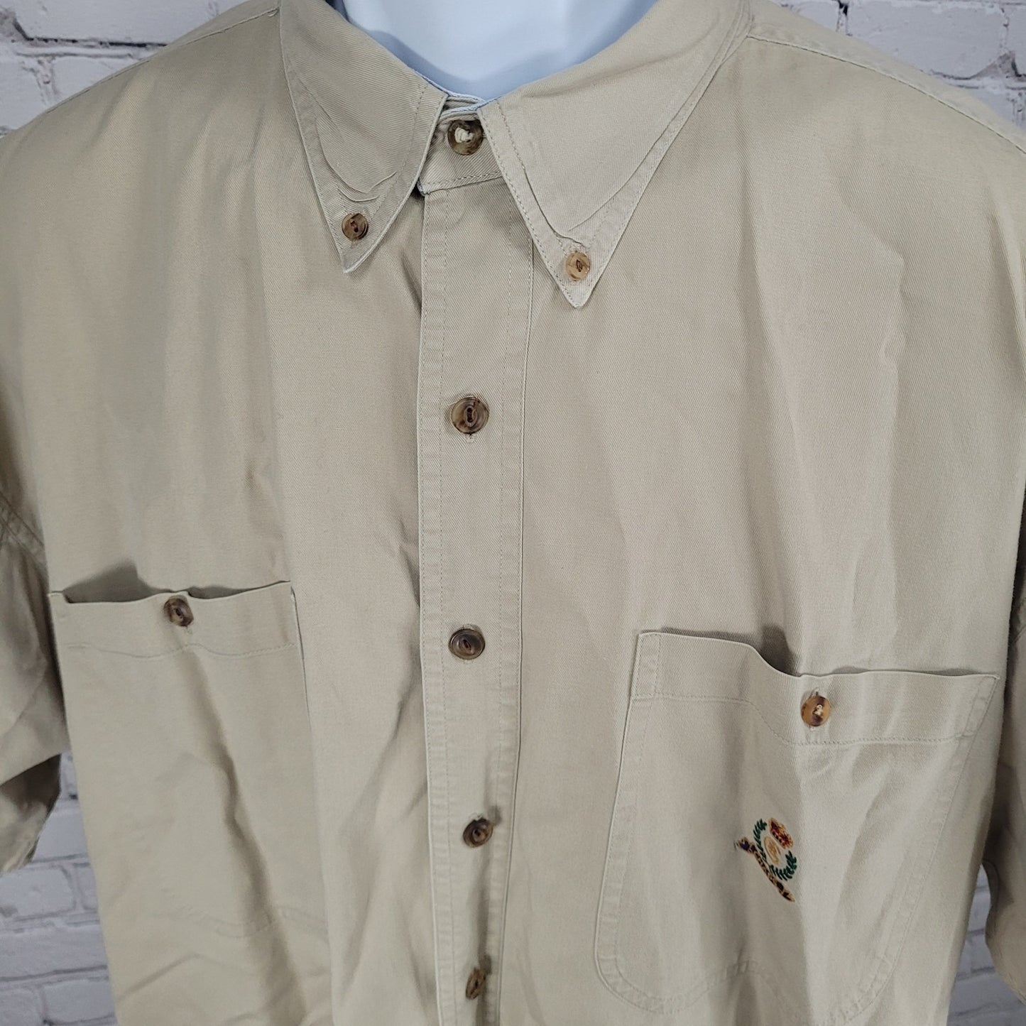 VTG Chaps Ralph Lauren Beige Button Down Collar Short Sleeve Shirt Size Large L