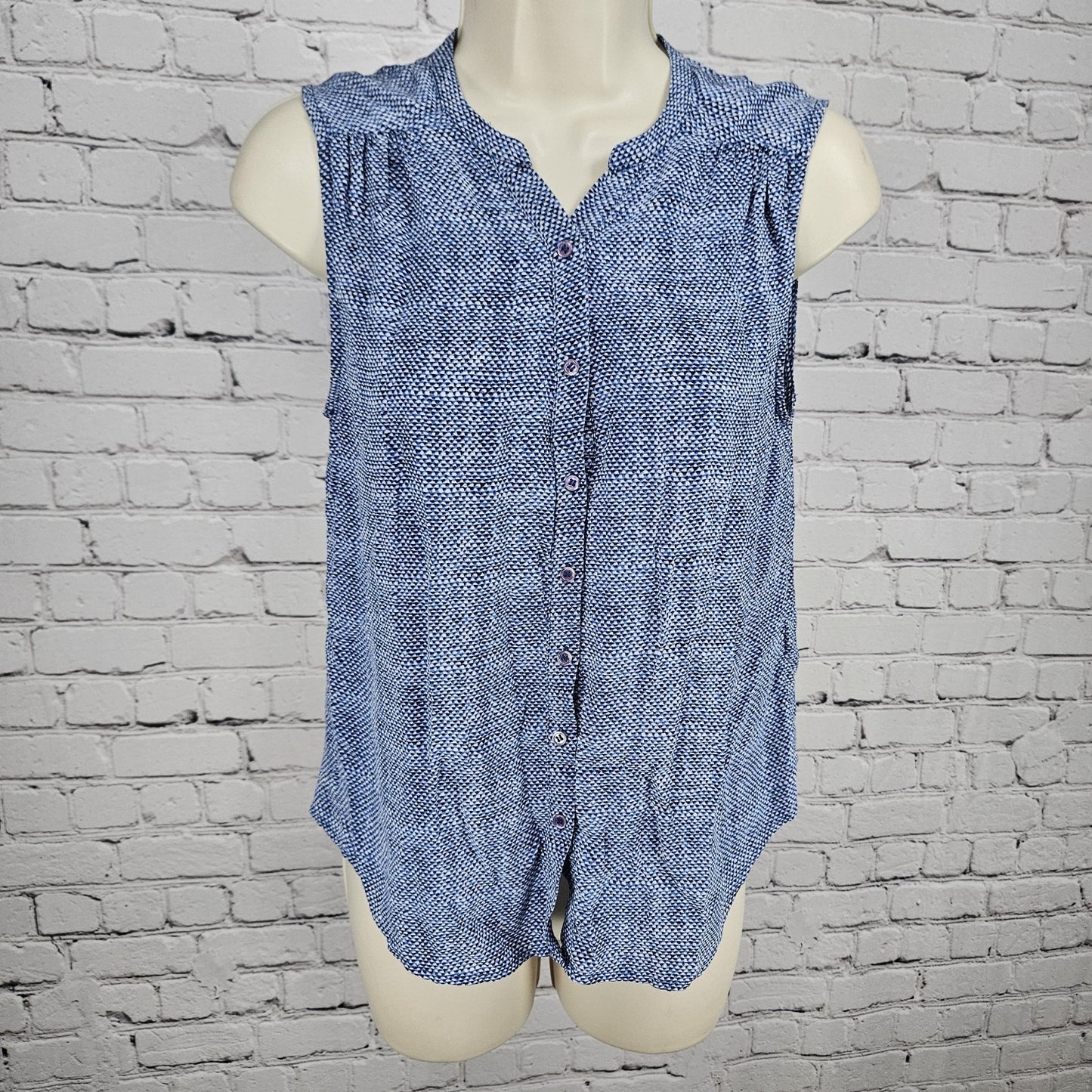 JOIE Blue 100% Silk Print Sleeveless Ruched V Neck Button Up Tank Blouse Top XS