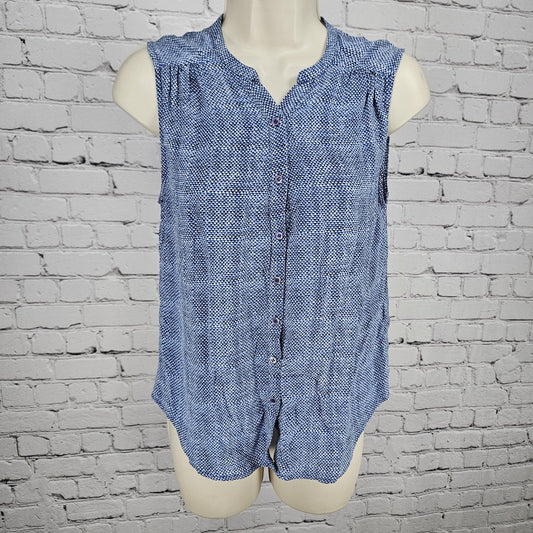 JOIE Blue 100% Silk Print Sleeveless Ruched V Neck Button Up Tank Blouse Top XS
