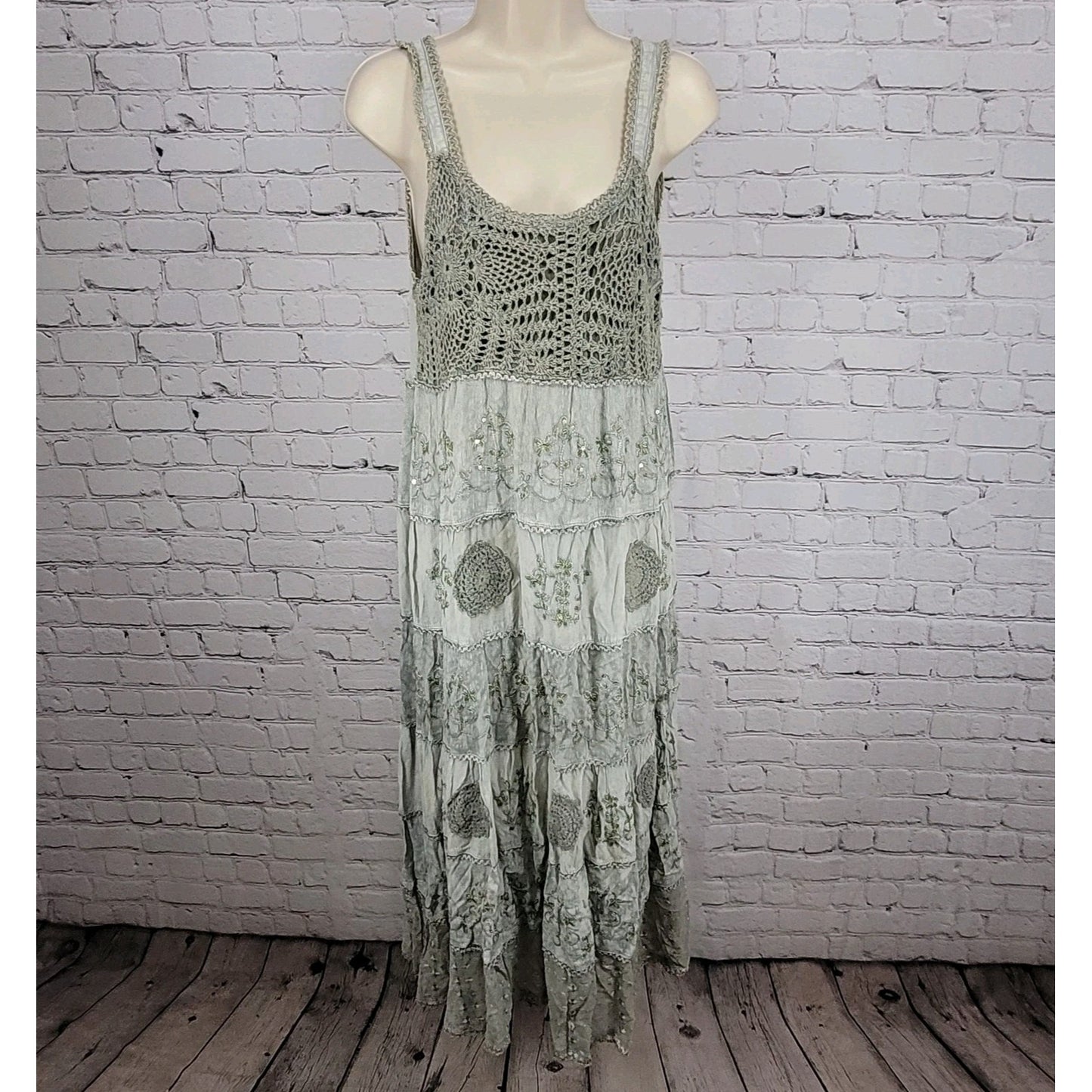 Magic Grey Crochet Embroidered Beaded Sleeveless Boho Dress Size Medium M