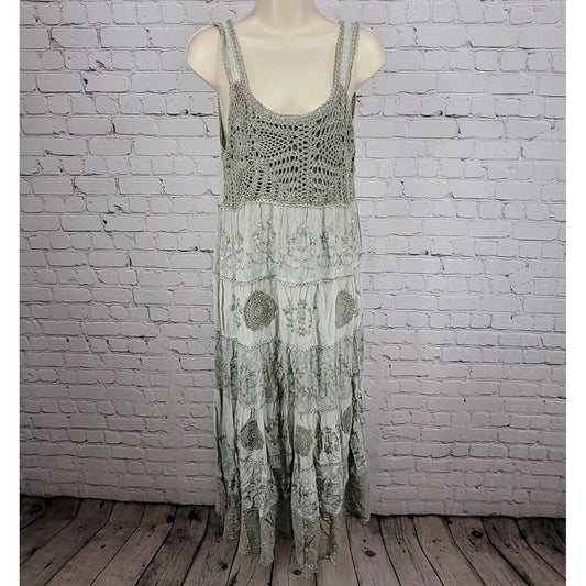 Magic Grey Crochet Embroidered Beaded Sleeveless Boho Dress Size Medium M
