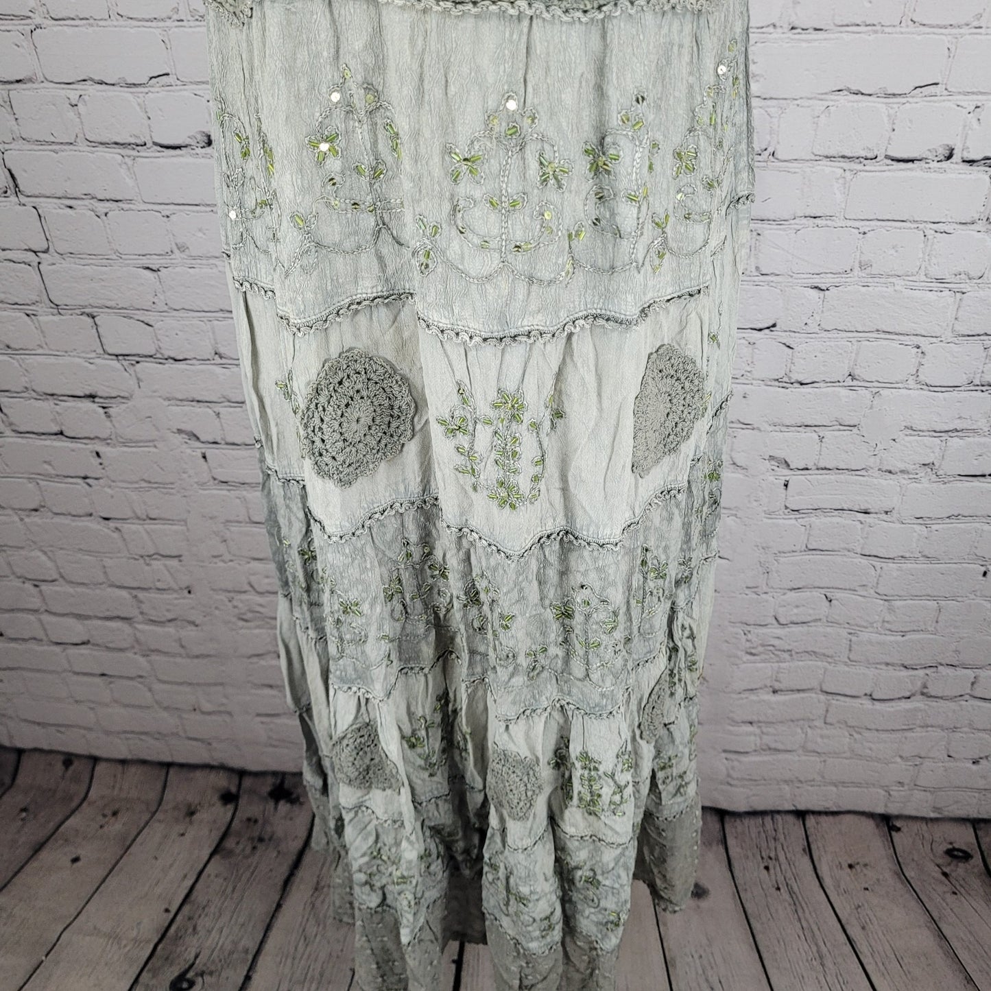 Magic Grey Crochet Embroidered Beaded Sleeveless Boho Dress Size Medium M