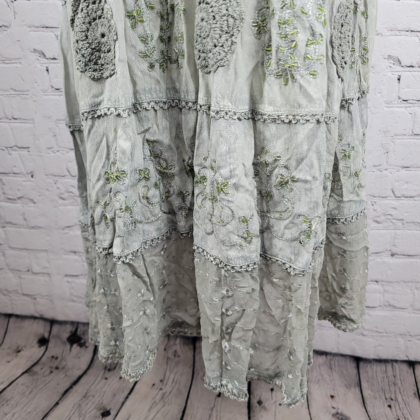 Magic Grey Crochet Embroidered Beaded Sleeveless Boho Dress Size Medium M