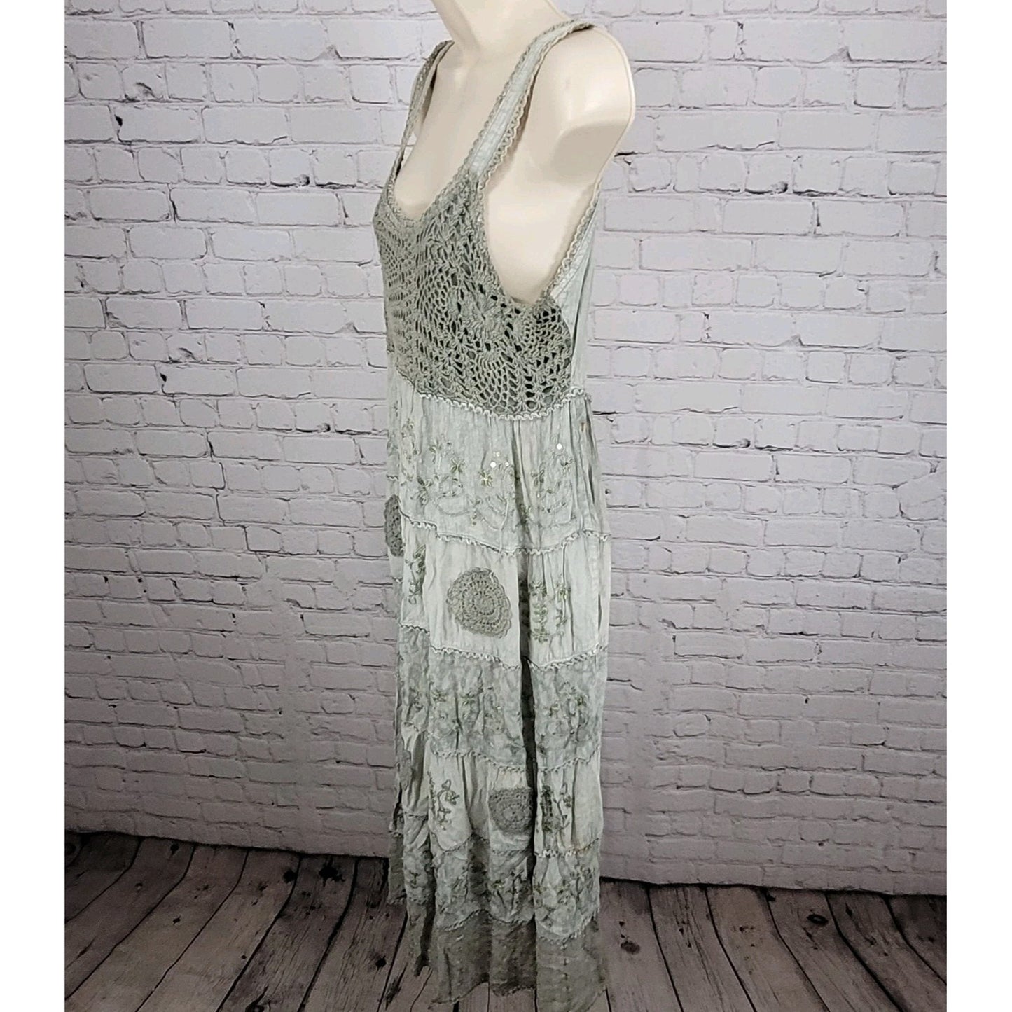 Magic Grey Crochet Embroidered Beaded Sleeveless Boho Dress Size Medium M