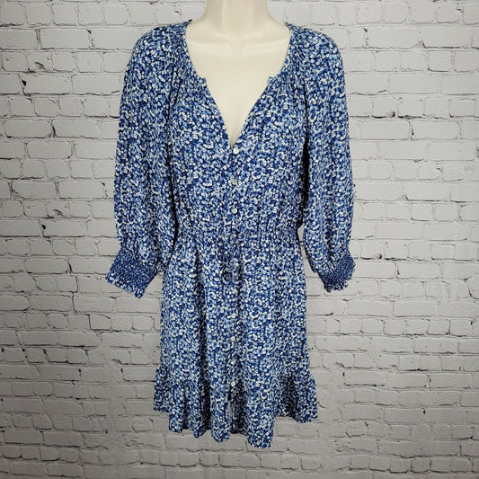 Rails Blue Floral Eliza Chrysanthemum 3/4 Sleeve Tie Waist Unlined Dress Small S