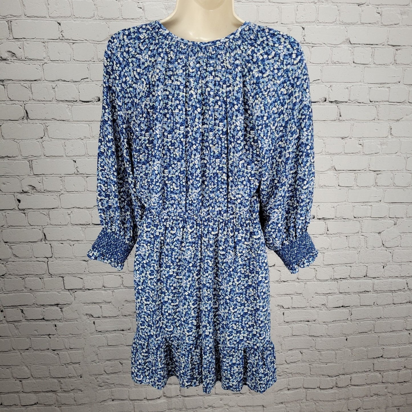 Rails Blue Floral Eliza Chrysanthemum 3/4 Sleeve Tie Waist Unlined Dress Small S