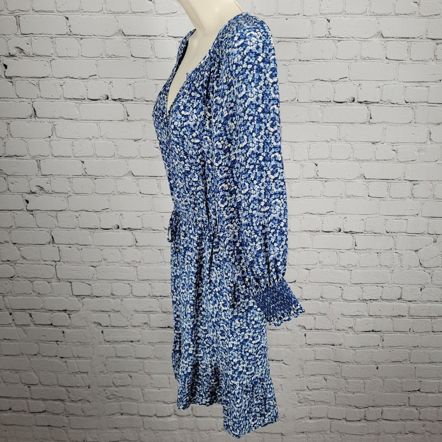 Rails Blue Floral Eliza Chrysanthemum 3/4 Sleeve Tie Waist Unlined Dress Small S