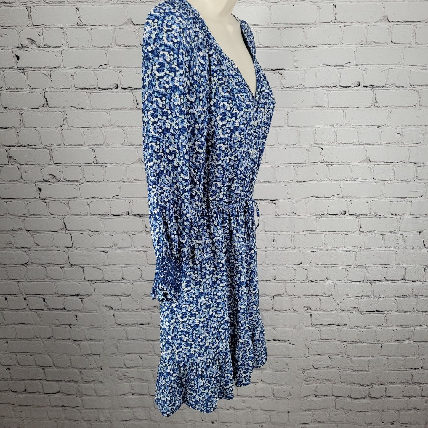Rails Blue Floral Eliza Chrysanthemum 3/4 Sleeve Tie Waist Unlined Dress Small S